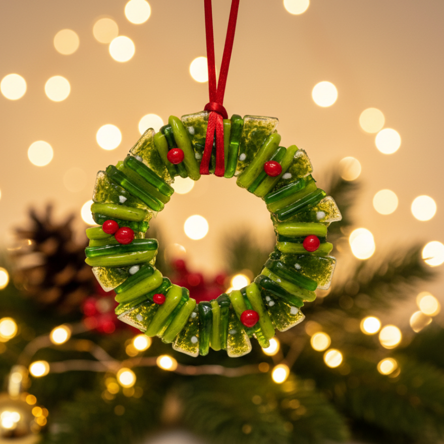 Green wreath ornament with Christmas background