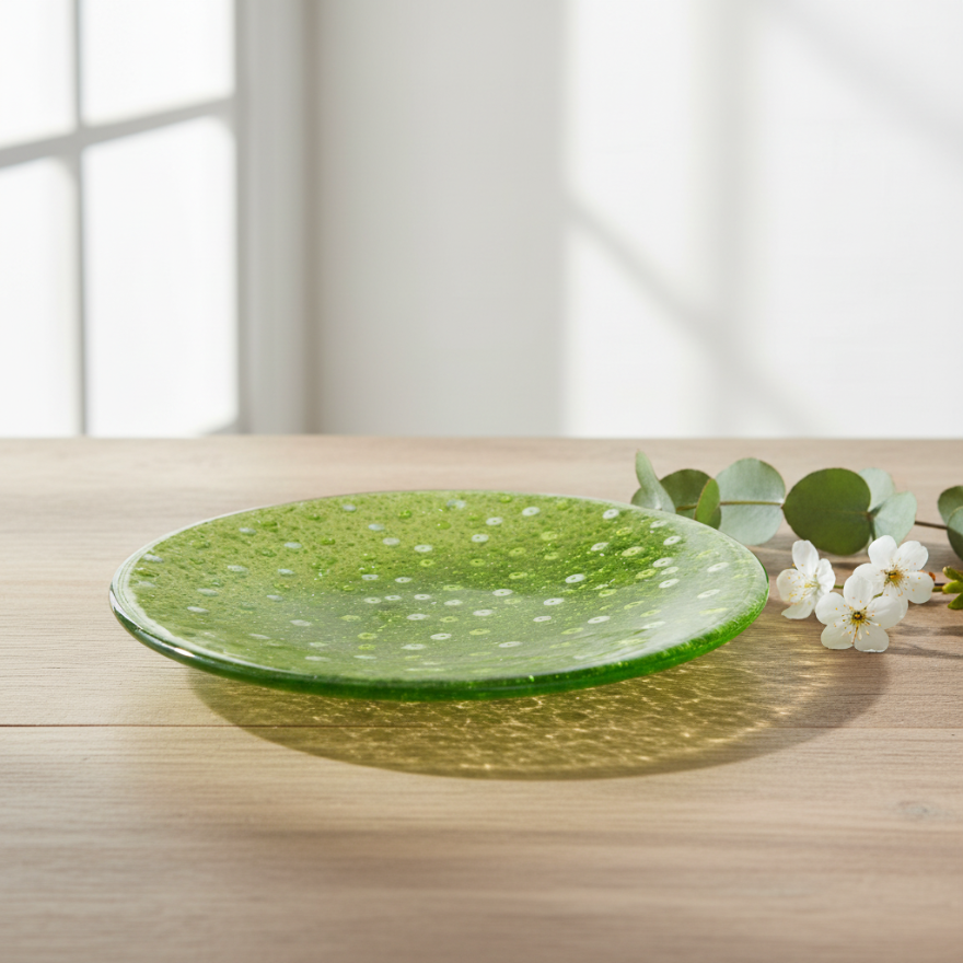 Spring Green Hand-Crafted Glass Bowl in elegant setting